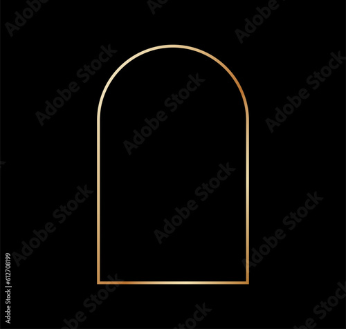 Golden arc frame in art deco style. Luxury gold border for for wedding invitation. Thin line oval arch for invitation decoration. Vector illustration isolated on black background.