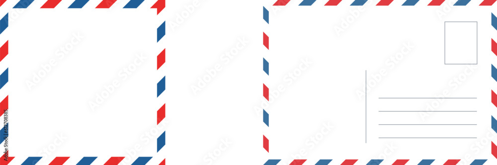 Vintage airmail postcard back template with diagonal blue and red stripe. Travel post card blank backside. Air mail envelope frame with postage place. Vector illustration isolated on white background.