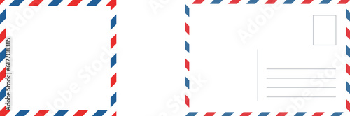 Vintage airmail postcard back template with diagonal blue and red stripe. Travel post card blank backside. Air mail envelope frame with postage place. Vector illustration isolated on white background.