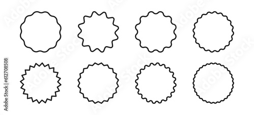 Wavy edge circle sticker. Star burst shape tags for price. Blank sale round sticker. Empty promo badge. Simple circle wax seal silhouette. Vector illustrations set isolated on white background.