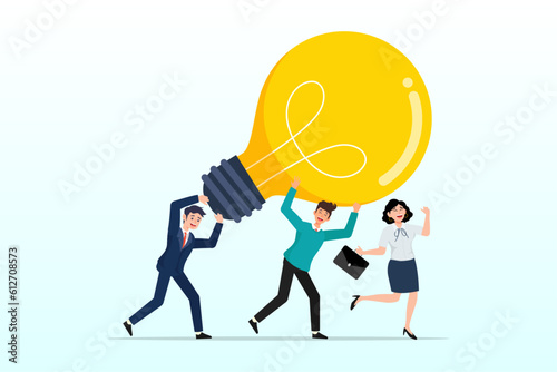 Business people teamwork help carry big smart light bulb innovation idea., innovation idea to drive team success, business innovative solution, invention help company achieve goal concept (Vector)