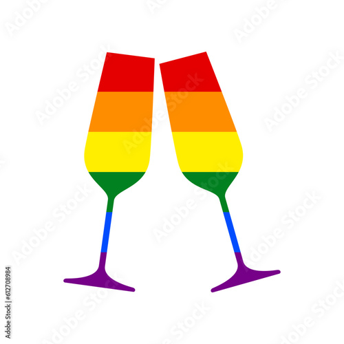 Sparkling champagne glasses. Rainbow gay LGBT rights colored Icon at white Background. Illustration.