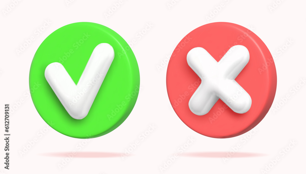 3d icons with a check mark and cross. Symbols of acceptance, rejection. Realistic 3d vector illustration
3d icons with a check mark and cross. Symbols of acceptance, rejection. Realistic 3d vector illustration