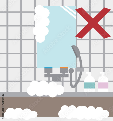 公衆浴場の流し場が泡だらけのイラスト