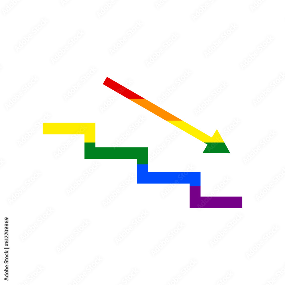 Stair down with arrow. Rainbow gay LGBT rights colored Icon at white Background. Illustration. Stair down with arrow. Rainbow gay LGBT rights colored Icon at white Background. Illustration.