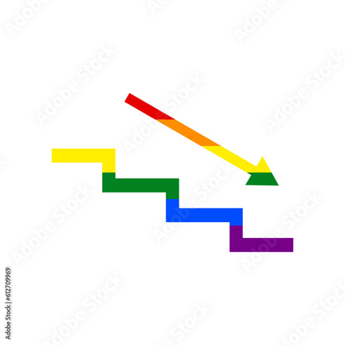 Stair down with arrow. Rainbow gay LGBT rights colored Icon at white Background. Illustration.
