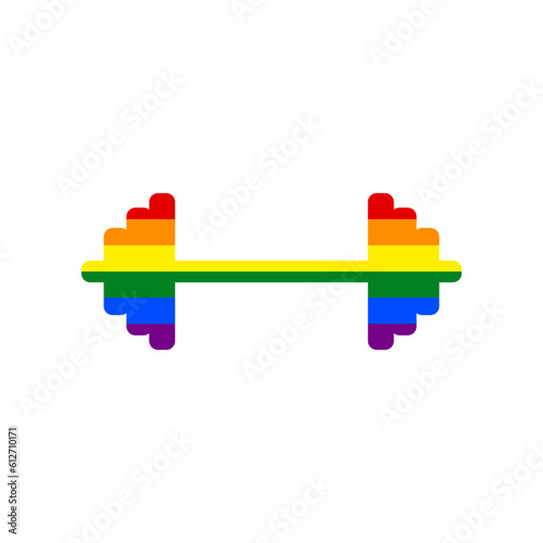 Dumbbell weights sign. Rainbow gay LGBT rights colored Icon at white Background. Illustration.