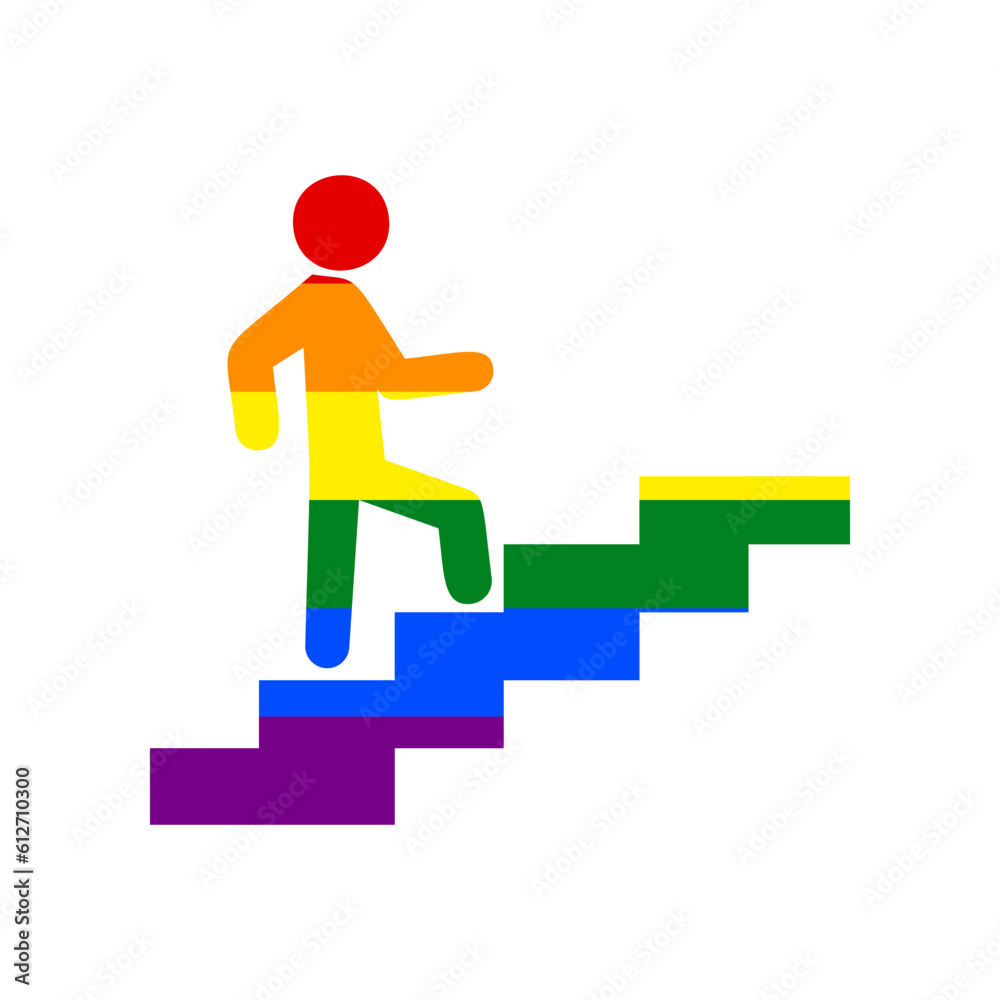 Man on Stairs going up. Rainbow gay LGBT rights colored Icon at white Background. Illustration.