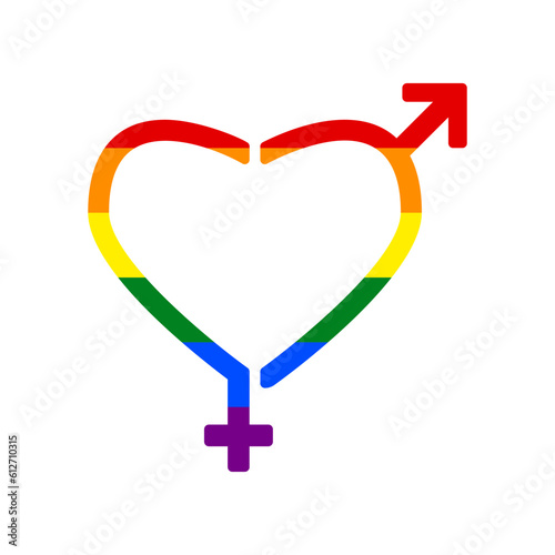 Gender signs in heart shape. Rainbow gay LGBT rights colored Icon at white Background. Illustration.