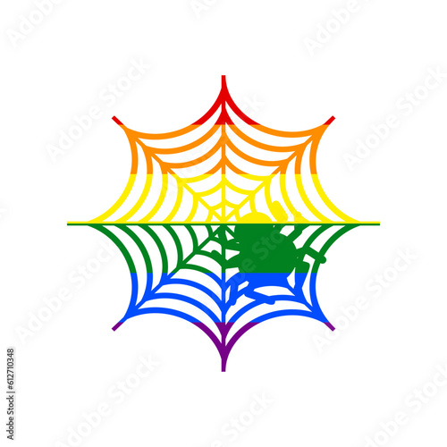 Spider on web illustration. Rainbow gay LGBT rights colored Icon at white Background. Illustration.