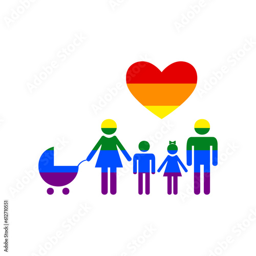Family with heart. Husband, wife with baby and childrens. Rainbow gay LGBT rights colored Icon at white Background. Illustration.