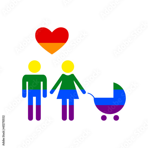 Family with heart. Husband, wife with baby. Rainbow gay LGBT rights colored Icon at white Background. Illustration.