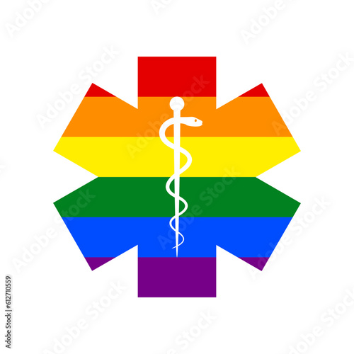 Medical symbol of the Emergency or Star of Life. Rainbow gay LGBT rights colored Icon at white Background. Illustration.
