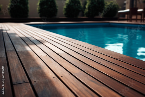 Empty wooden deck with swimming pool photo