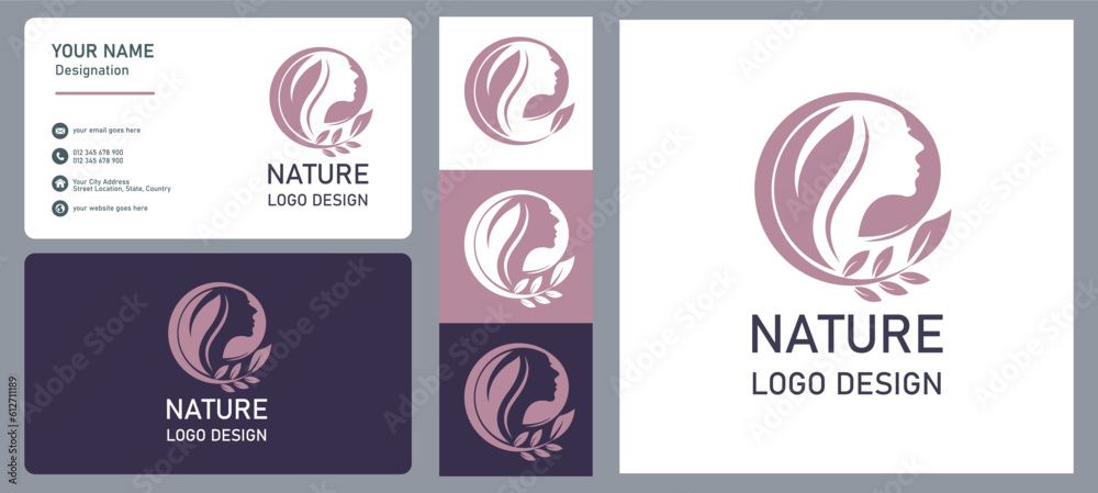Natural beauty logo design with creative element and business card template Natural beauty logo design with creative element and business card template