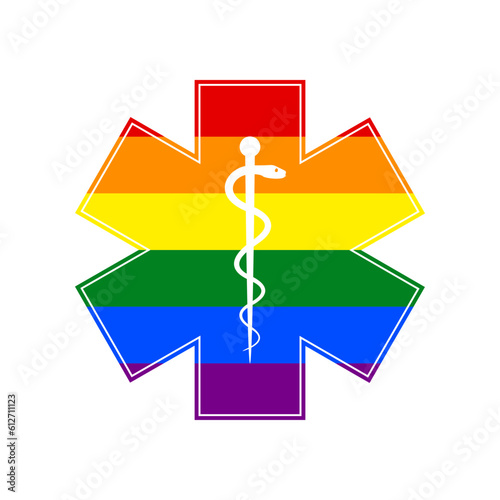 Medical symbol of the Emergency or Star of Life with border. Rainbow gay LGBT rights colored Icon at white Background. Illustration.