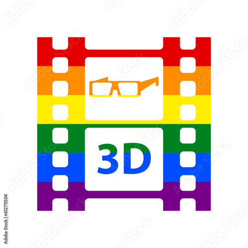 3d glasses on film sign. Rainbow gay LGBT rights colored Icon at white Background. Illustration.