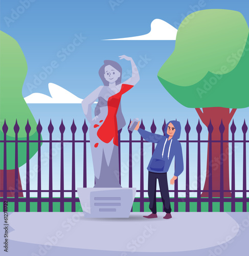 Vandal hooligan desecrating a monument in public park flat vector illustration.