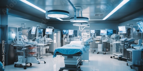 Modern operating rooms have advanced equipment and medical devices., Generative AI.