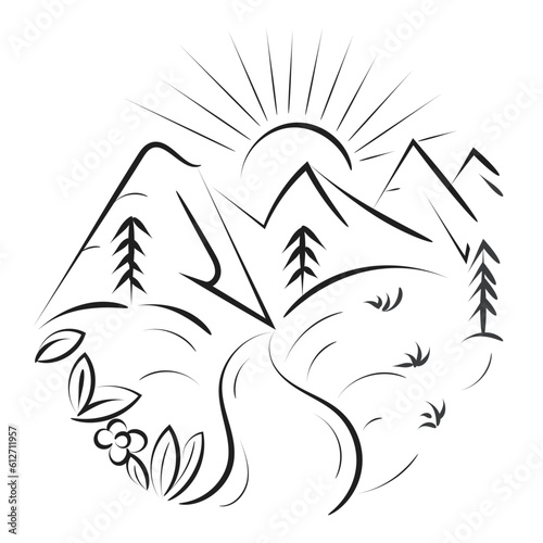 Camping Nature Adventure wild line art. Wild nature illustration for print or use as poster, card, flyer or T Shirt