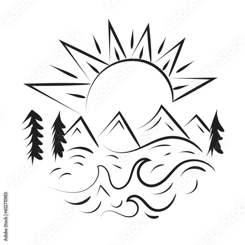 Camping Nature Adventure wild line art. Wild nature illustration for print or use as poster, card, flyer or T Shirt