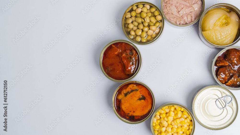 Canned food top view photo, Cans with pull-out ring, metal packaging. Canned food top view photo, Cans with pull-out ring, metal packaging.