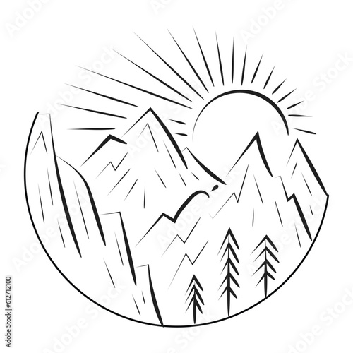 Camping Nature Adventure wild line art. Wild nature illustration for print or use as poster, card, flyer or T Shirt