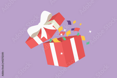Graphic flat design drawing open red gift box with white ribbon and bow logo icon, label, symbol. Greeting present package. Decorative gift or cardboard box with bow. Cartoon style vector illustration