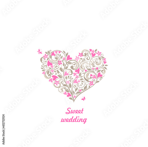 Beautiful blossoming decorative pastel bouquet in heart shape for wedding, birthday, mother’s day, Valentine’s day, baby arrival greeting card and invitations on white background.