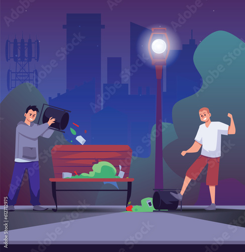 Flat vector illustration of bullies, Vandalism concept, Street vandals, teenagers throw garbage from trash cans outside into the street and bench