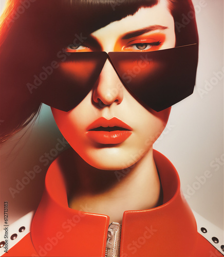 Fashion female portrait, brunette rebel woman in red with black sunglasses, generative ai