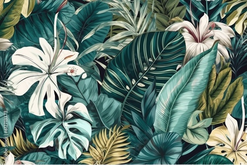 Tropical pattern with exotic leaves and plants. Generative AI