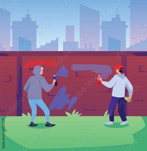 Flat vector illustration of bullies, Vandals damaging city building, Bandit teenagers sprays paint from balloon painting graffiti, spoils property