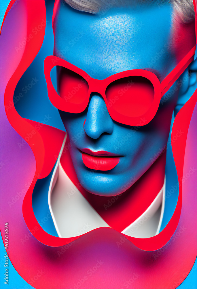 portrait of a Fashionable male model with a fantastic blue make-up and abstract red glasses, and colorful artistic shapes all around, Generative Al portrait of a Fashionable male model with a fantastic blue make-up and abstract red glasses, and colorful artistic shapes all around, Generative Al