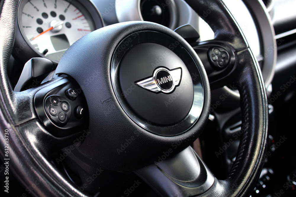Vinnytsia, Ukraine; June 10, 2023. Close up Mini Cooper S steering