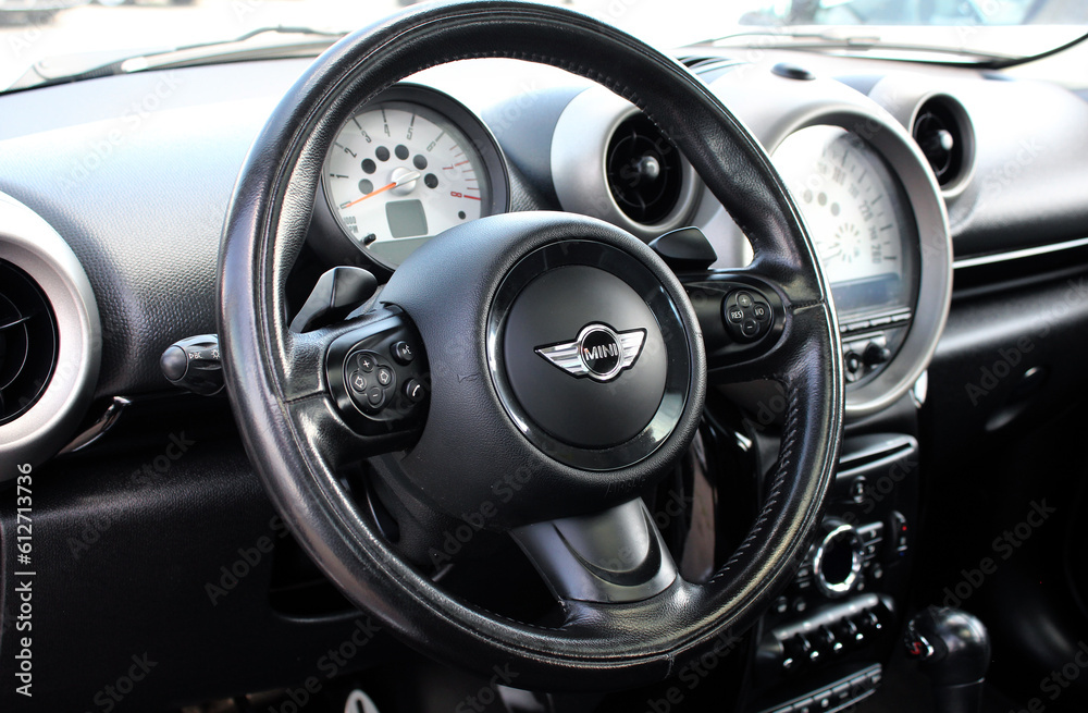 Vinnytsia, Ukraine; June 10, 2023. Mini Cooper S steering wheel. Mini