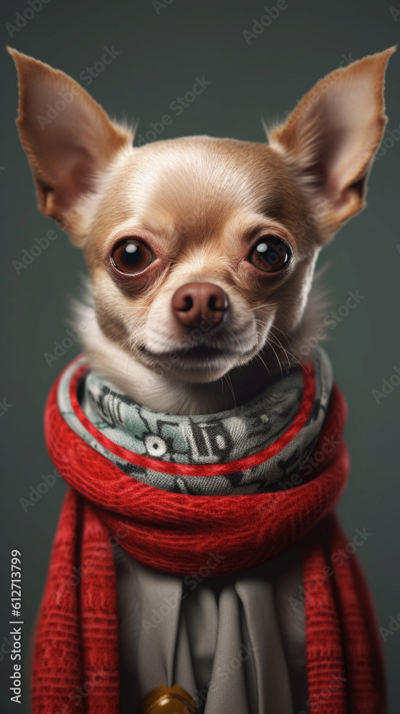 Chihuahua little dog puppy with a scarf front view portrait