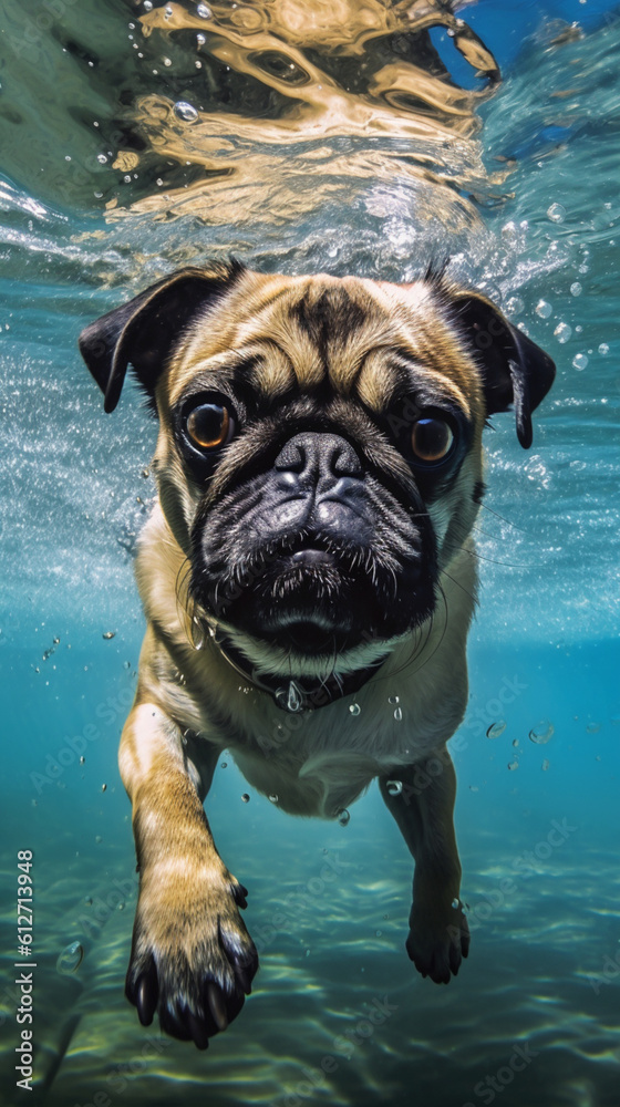 Pug swimming dog under water sea pool. Cute funny Weimaraner puppy diving dog