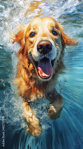 Golden retriever swimming dog under water sea pool. Cute funny Weimaraner puppy diving dog