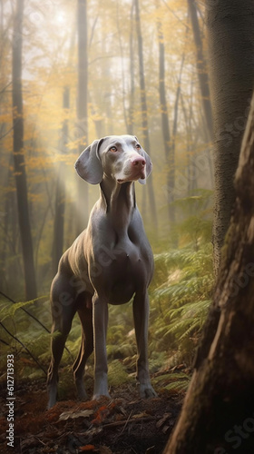 Weimaraner hunter dog standing in the woods forest 