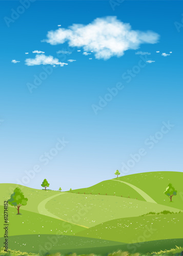 Spring Landscape Green fields Mountain Blue Sky and Clouds Background Vertical peaceful rural nature Sunnyday Summer with grass land.Cartoon Vector illustration for Spring and Summer banner