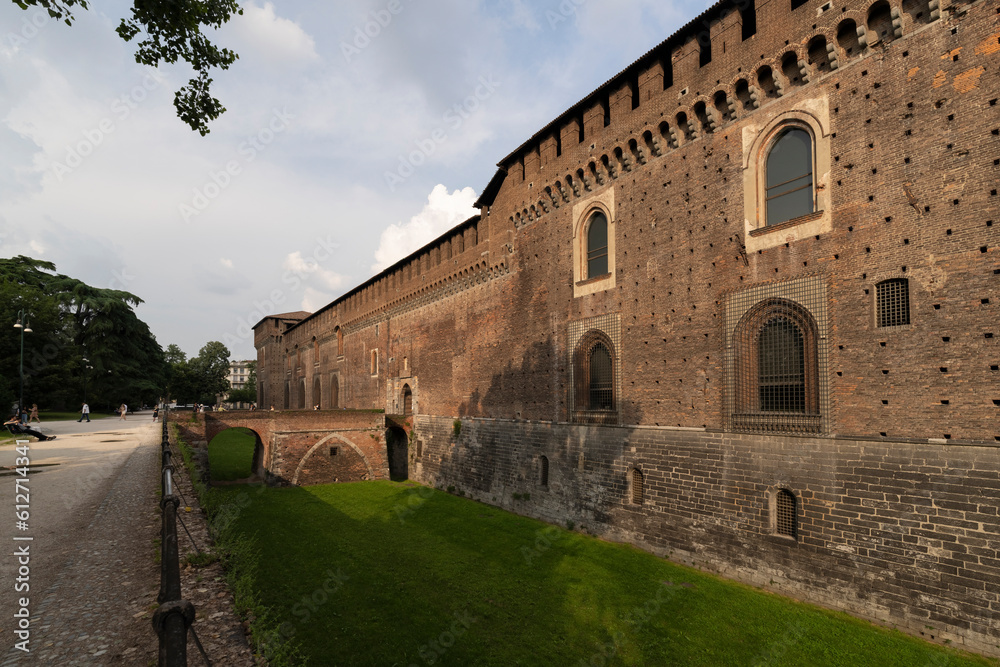Entrance to the Sforzesco castle and its beautiful medieval walls