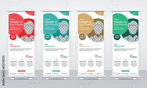 New medical healthcare roll up banner design template, standee cover layout set using circle shapes for multipurpose, exhibition, printing and presentation concept.