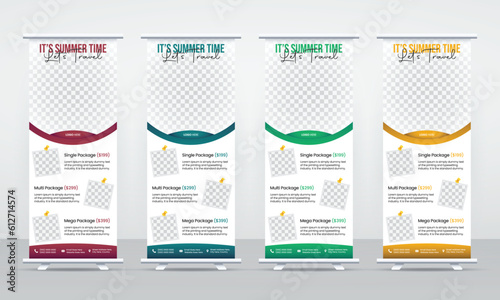 4 set of colorful travel roll up banner template for presentation & advertisement of tourist agency, easy to use & edit, vector layout for tour or travel purposes.