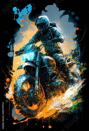 Watercolour abstract paintingof an off-road motorcyle and rider where the motorbike is driving through mud, dirt and water at an extreme sport event, computer Generative AI stock illustration image photo