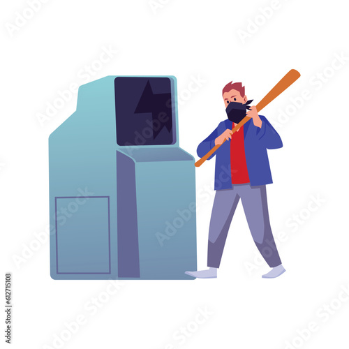 Vandal or hooligan destroying an ATM machine flat vector illustration isolated.