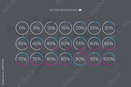 5 10 15 20 25 30 35 40 45 50 55 60 65 70 75 80 85 90 95 100 percent pie chart set. Circle diagrams. Dotted world map. Vector percentage set for download, infographic, progress, business, finance