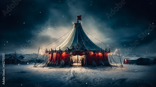 a little circus tent in the snow, generative ai