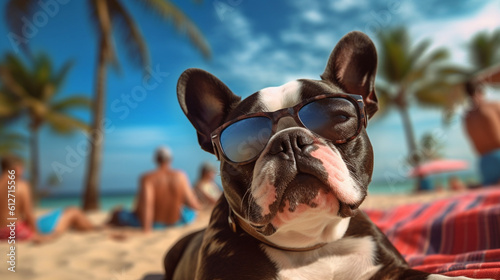 Boston Terrier dog on the beach, Hawaiian style, Summer beach and recreation, beach background, Relaxing on the beach, Dogs on vacation, AI generated