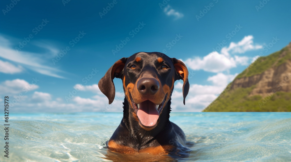 Doberman dog on the beach, Hawaiian style, Summer beach and recreation, beach background, Relaxing on the beach, Dogs on vacation, AI generated